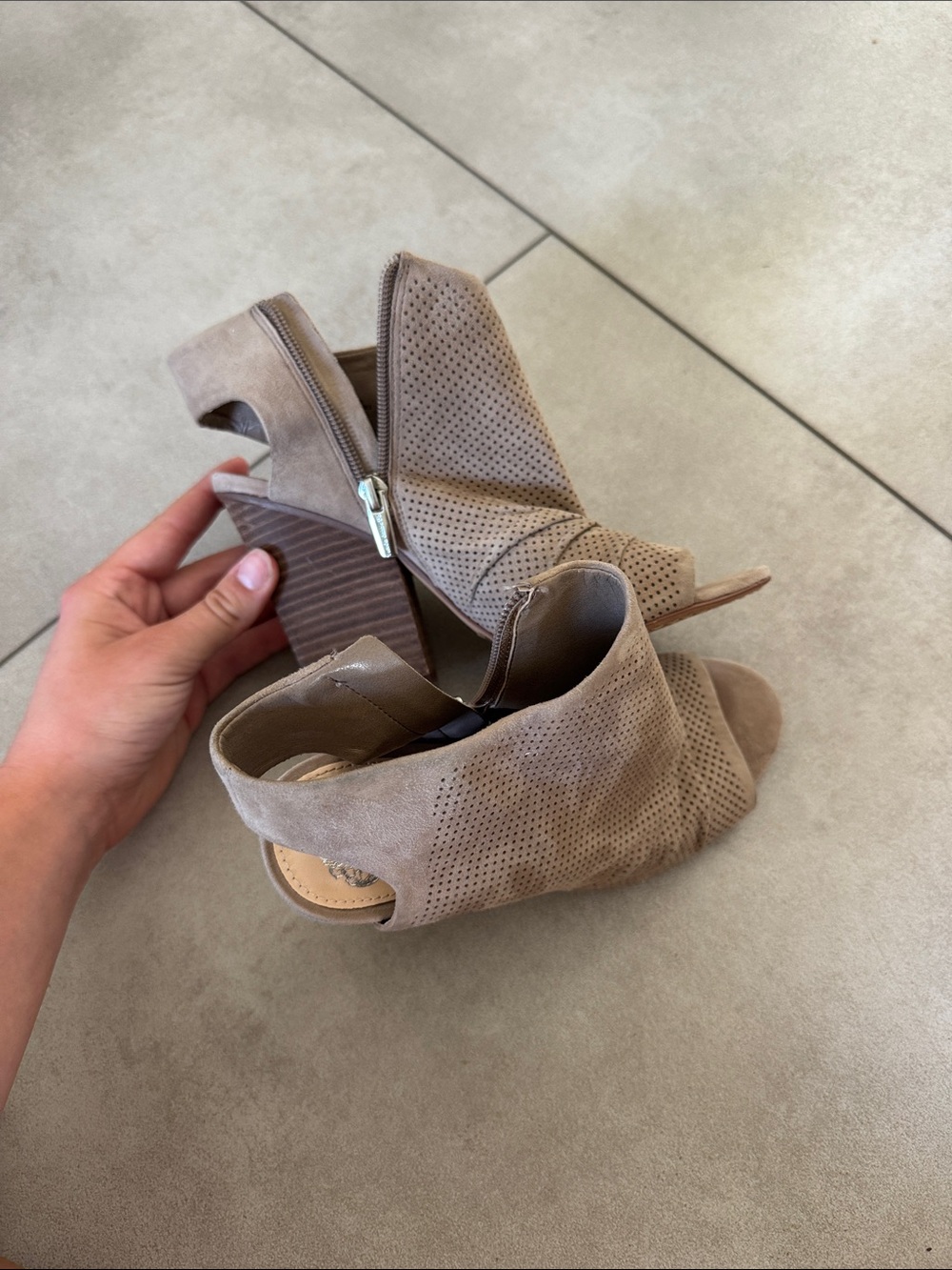 Vince Camuto Taupe Perforated Peep-Toe Block Heel Sandals